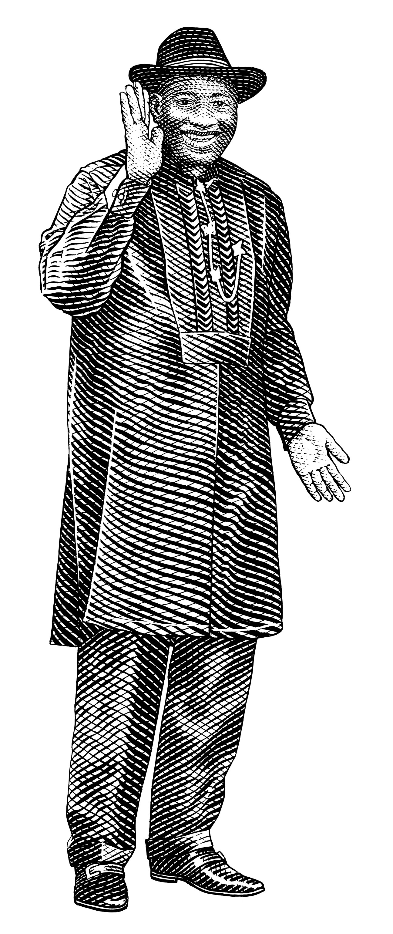 Illustration of Nigerian President Goodluck Jonathan wearing a wide-brimmed hat, black tunic, and gold chain.
