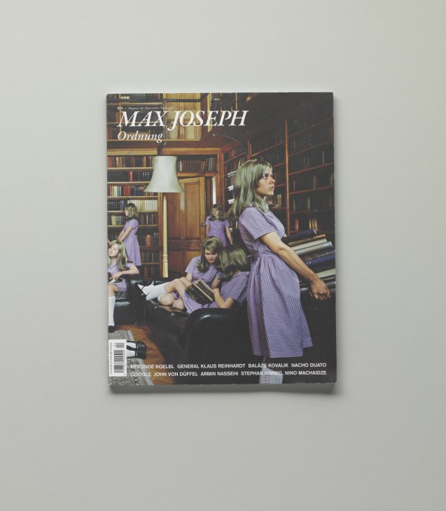 Cover of Max Joseph magazine issue titled 'Ordnung' featuring women in purple dresses in a library setting.
