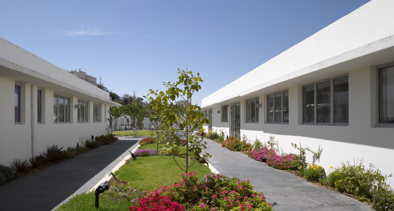 Modern white building with large windows overlooking a courtyard garden with flowering plants and young trees.