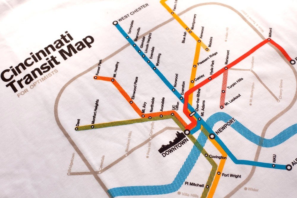 Cincinnati Transit Map for Optimists showing multiple colored train lines on a poster design.