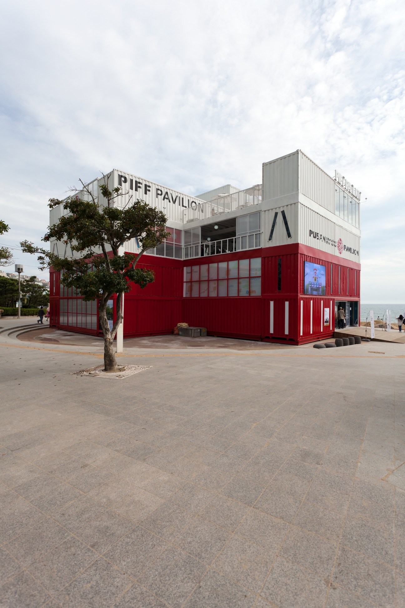 Red and white PIFF Pavilion made from shipping containers at Busan film festival.