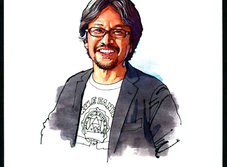 Illustrated portrait of Eiji Aonuma, Nintendo game designer, wearing glasses and a dark blazer over a graphic t-shirt.