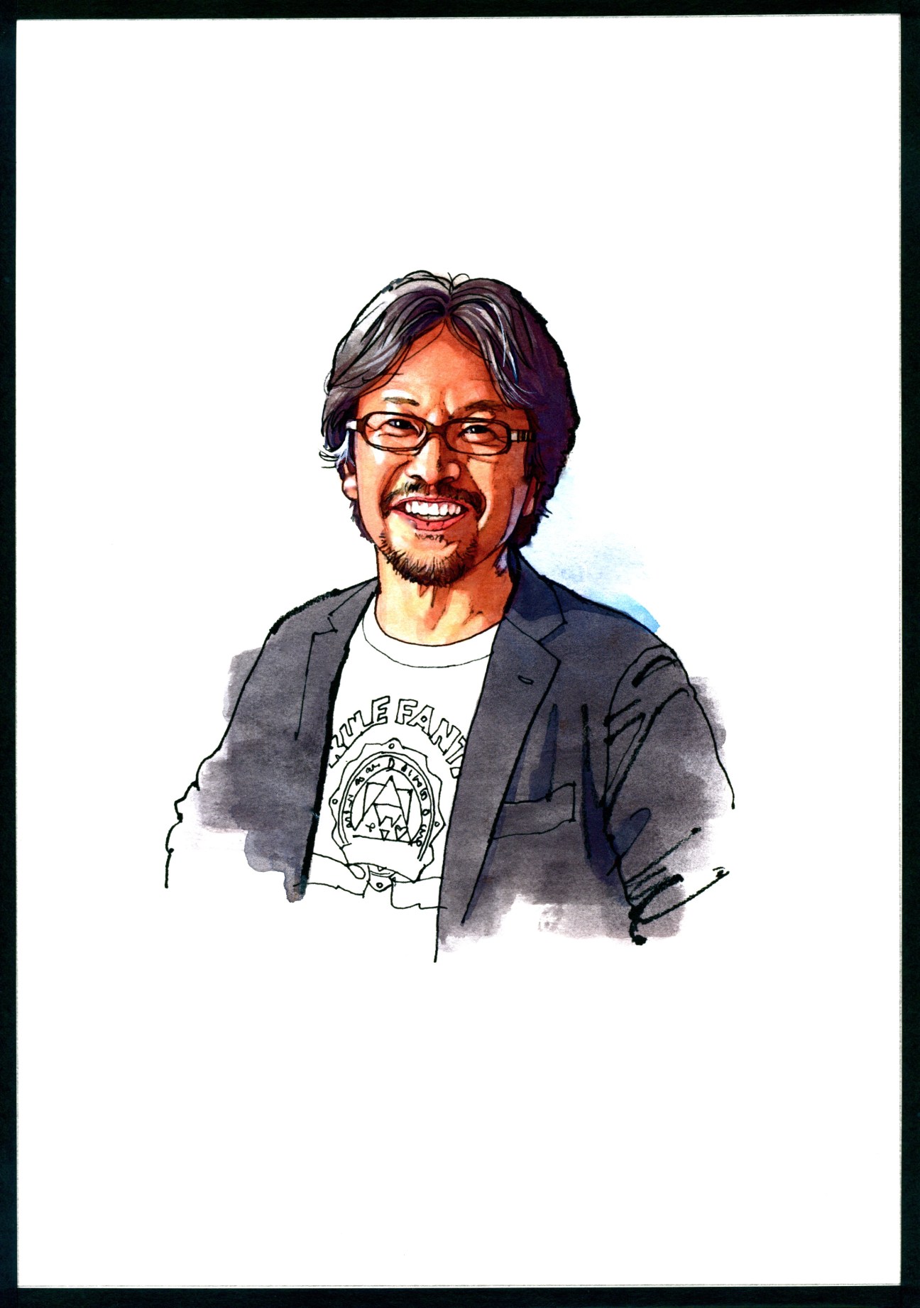 Illustrated portrait of Eiji Aonuma, Nintendo game designer, wearing glasses and a dark blazer over a graphic t-shirt.