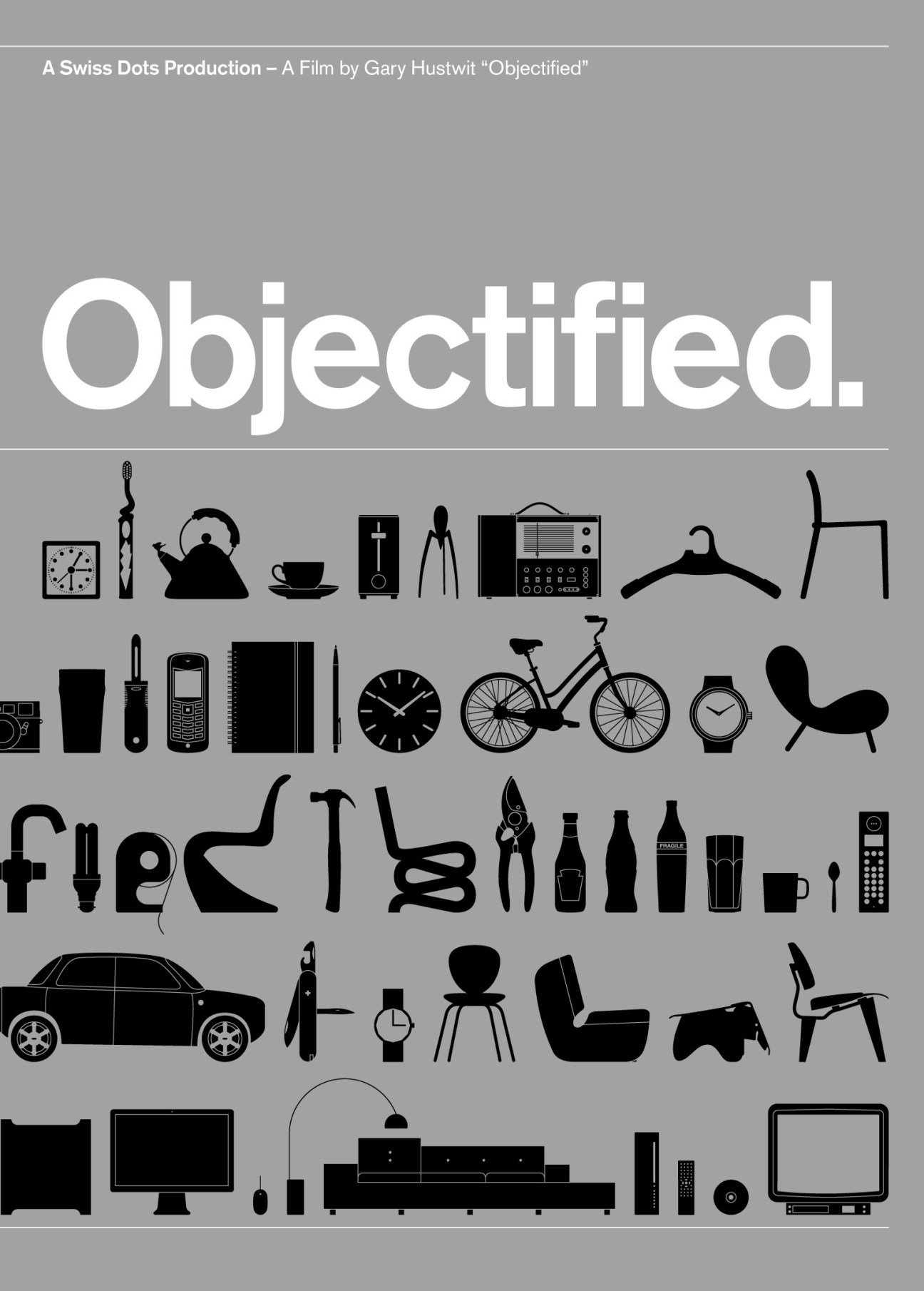 Film poster for Objectified by Gary Hustwit displaying silhouettes of everyday objects and design elements.