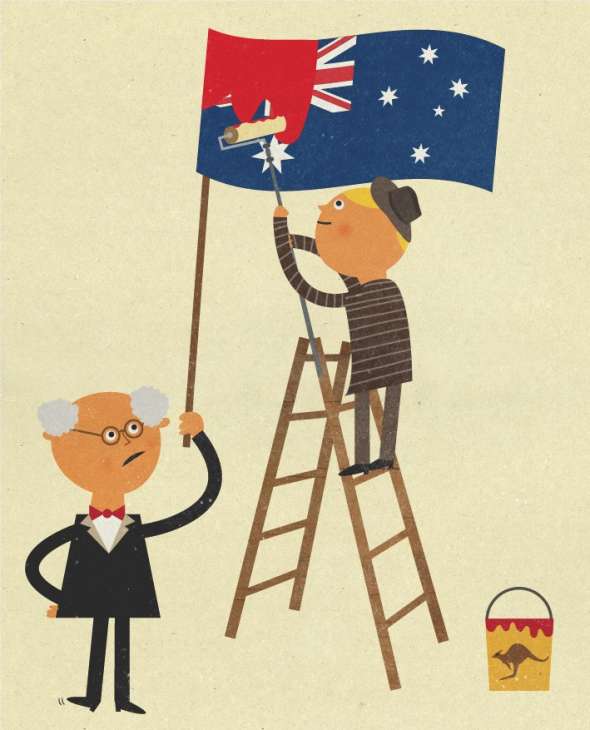 Illustration of two figures modifying the Australian flag, with one on a ladder painting over the Union Jack while another holds the flagpole.