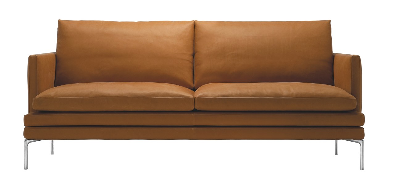 William sofa by Damian Williamson for Zanotta with tan leather upholstery and metal legs.