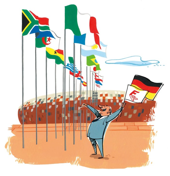 Illustration of a man in a suit holding a German flag surrounded by flags of World Cup nations.