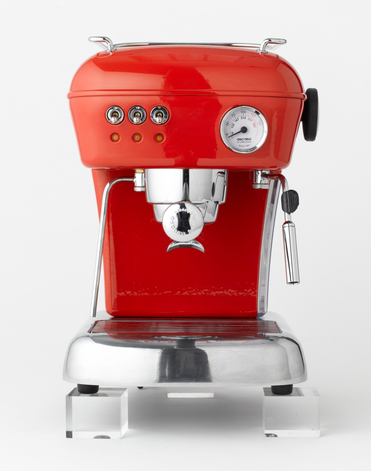 Red Ascaso Dream espresso machine with chrome accents and pressure gauge on white background.
