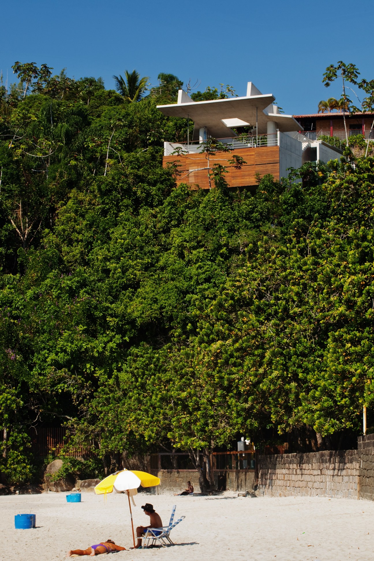 Modern concrete house nestled in dense forest above a beach in Ubatuba, Brazil.