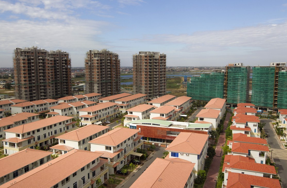 Aerial view of new residential apartments and high-rise buildings under construction in Phnom Penh, Cambodia.