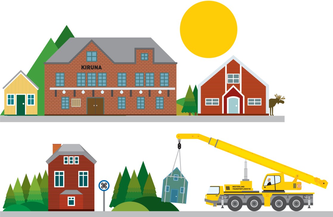 Illustration of Kiruna, Sweden showing buildings being relocated by crane due to unstable ground.