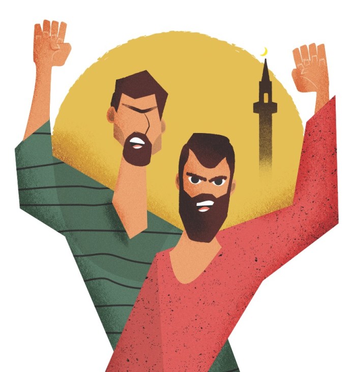 Illustration of two bearded men with raised fists against a yellow sun and minaret, wearing green and red clothing.
