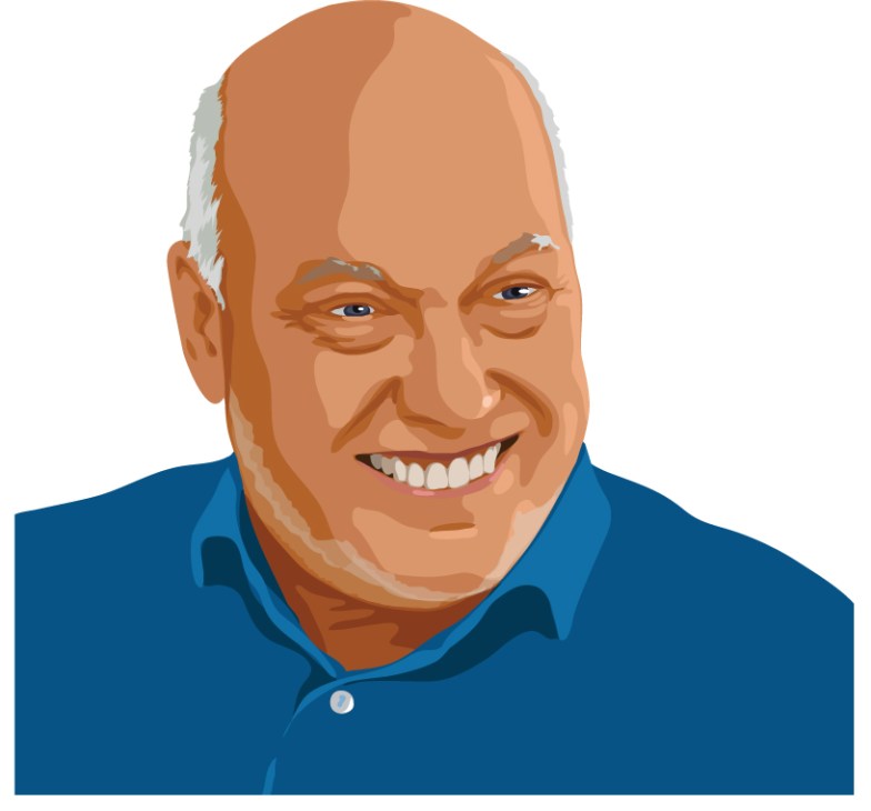 Illustration of Jean-Claude Biver, CEO of Hublot, smiling in a blue shirt.