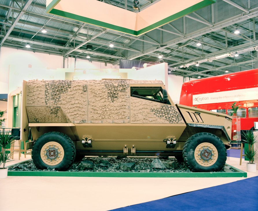 Force Protection's Ocelot mine-protected vehicle displayed at an arms fair exhibition.