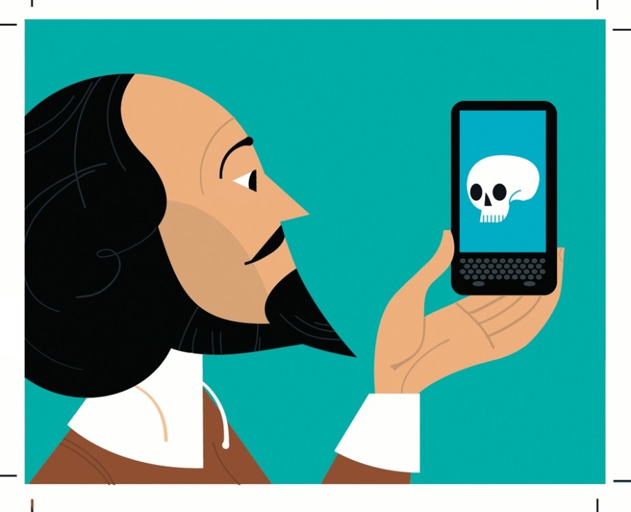 Illustration of a woman holding a smartphone displaying a skull icon on a turquoise background.