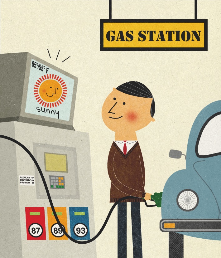Illustration of a man in business attire fueling a blue car at a gas station with a weather display and fuel pumps.