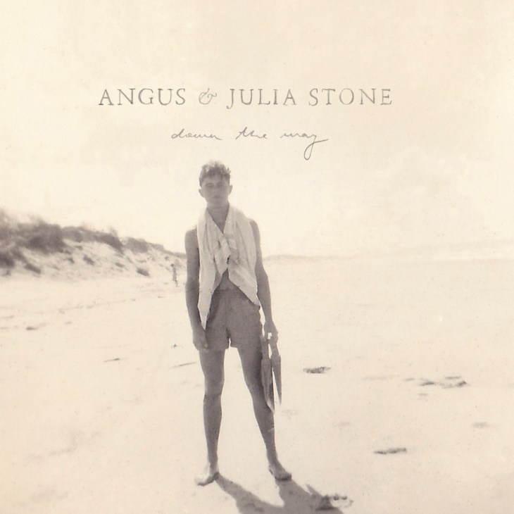 Album cover for Angus & Julia Stone's 'Down the Way' showing a figure on a beach.