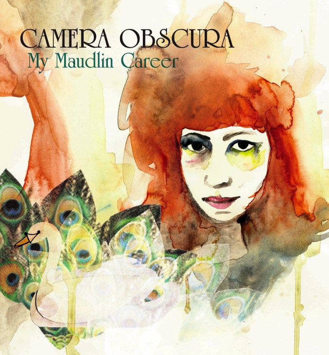 Camera Obscura's My Maudlin Career album artwork featuring a red-haired woman with watercolor peacocks.