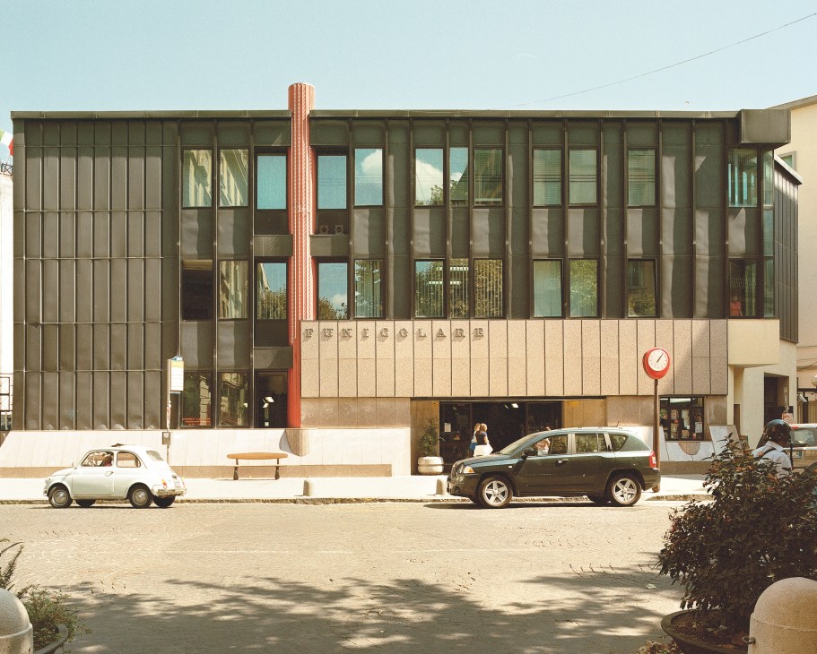 Montesanto Funicular station building with modernist architecture and red central column on Via Morghen, Naples.