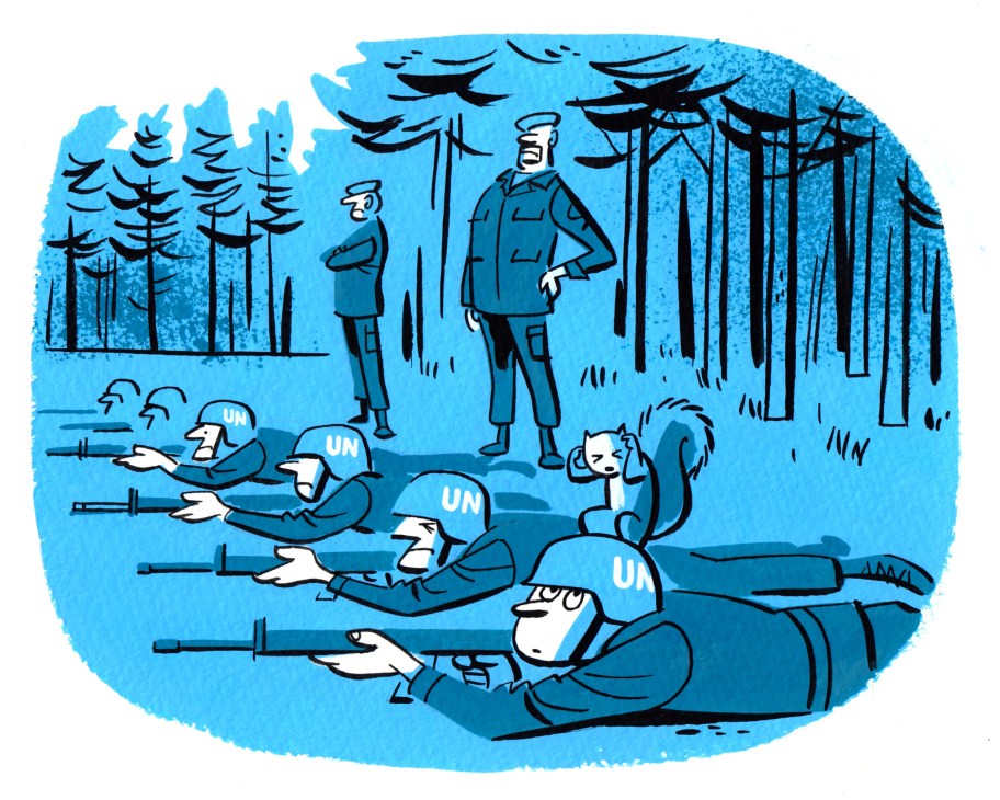 Illustration of UN peacekeepers training in a forest setting in Norway.