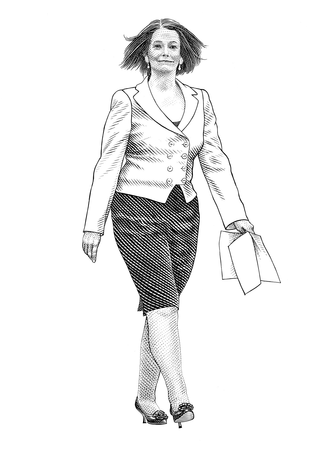 Illustration of a woman in professional attire with a double-breasted blazer, patterned skirt, and heels.