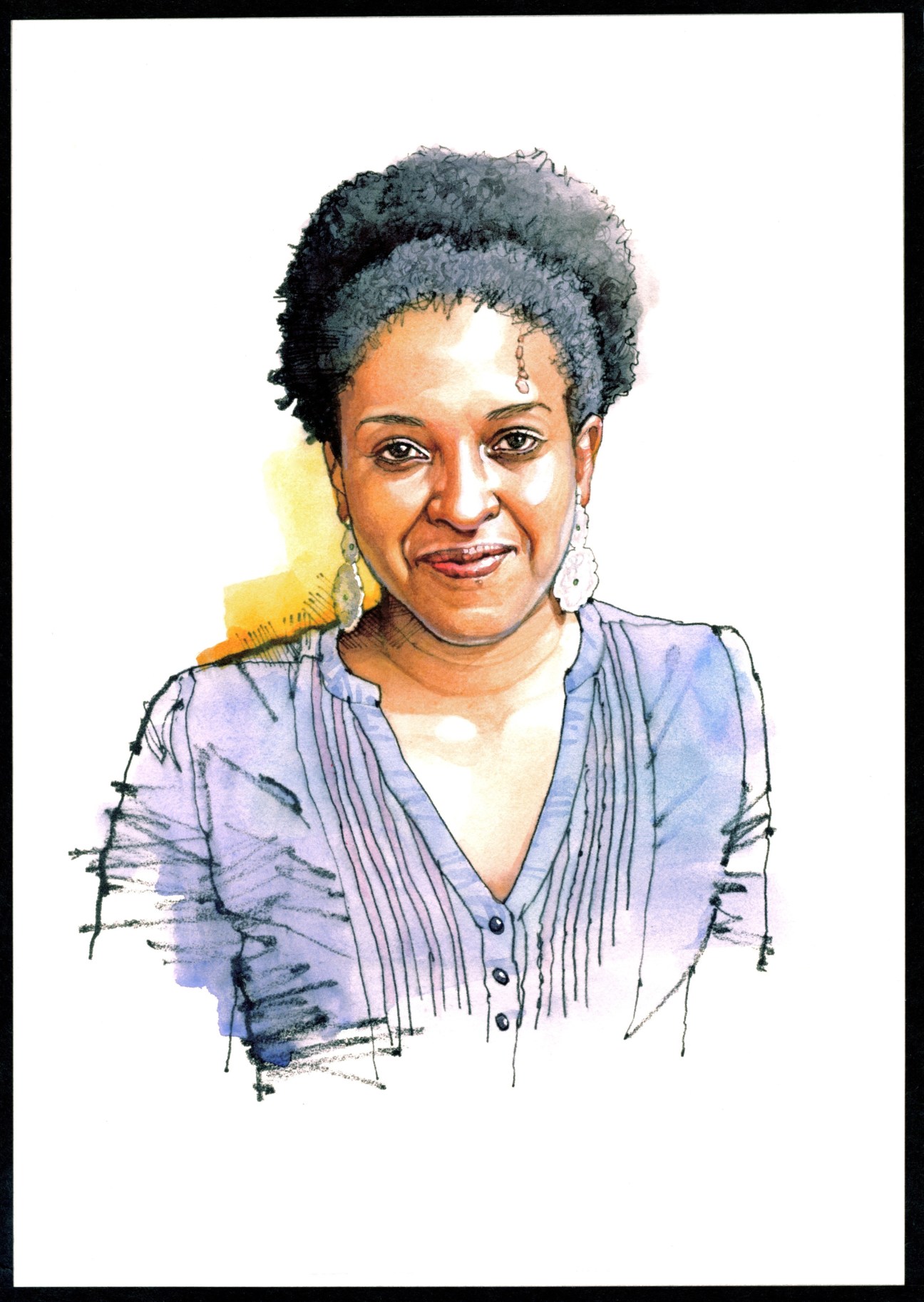 Watercolor portrait of Ory Okolloh, a Kenyan campaigner and online activist, wearing a light blue shirt and dangling earrings.