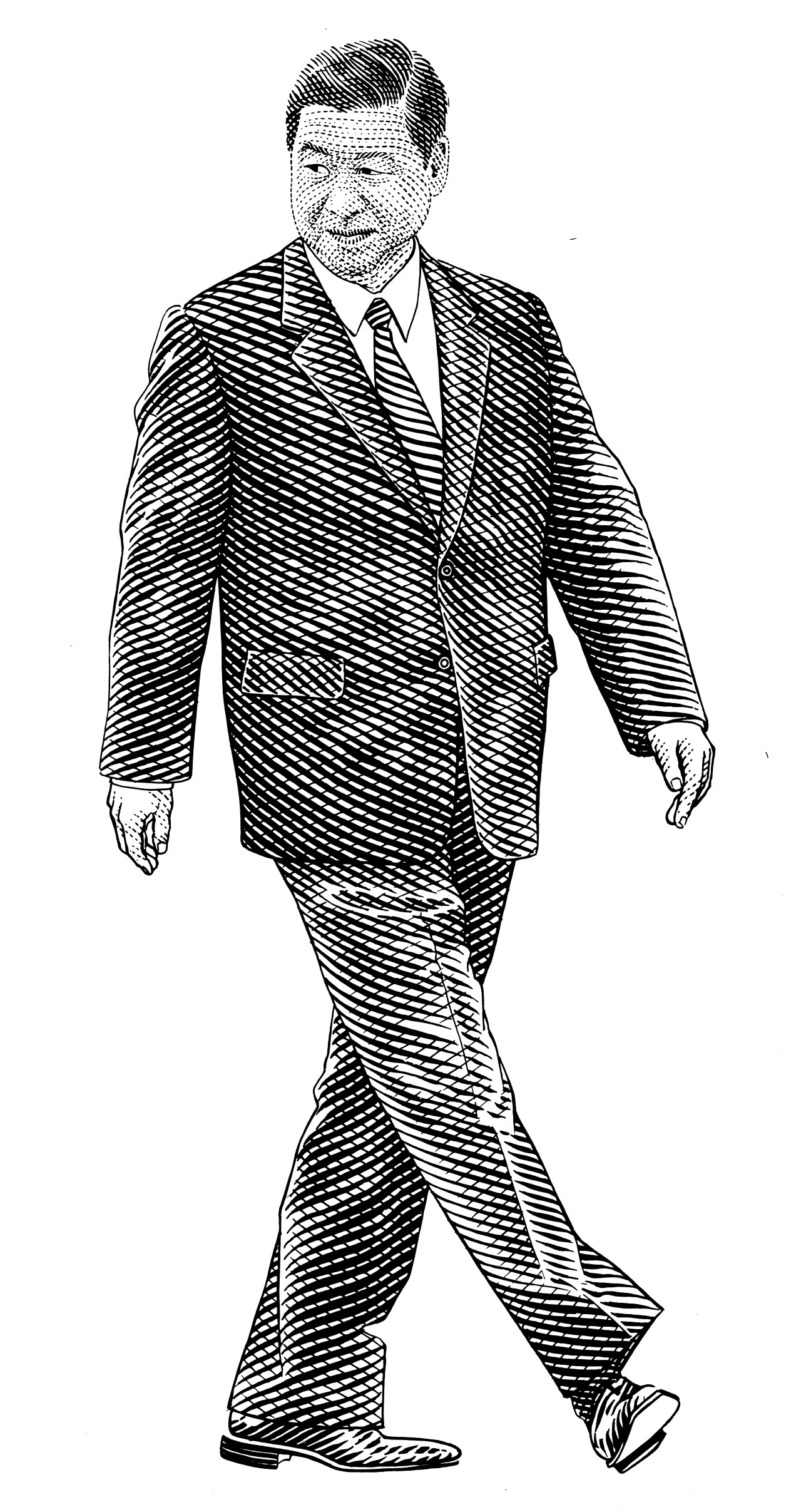 Pen and ink illustration of Xi Jinping in a striped business suit and tie, walking forward with a composed expression.