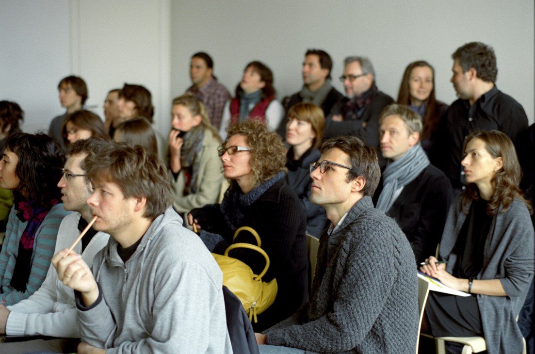 Group of students at Strelka Institute attending a lecture or presentation in Moscow.
