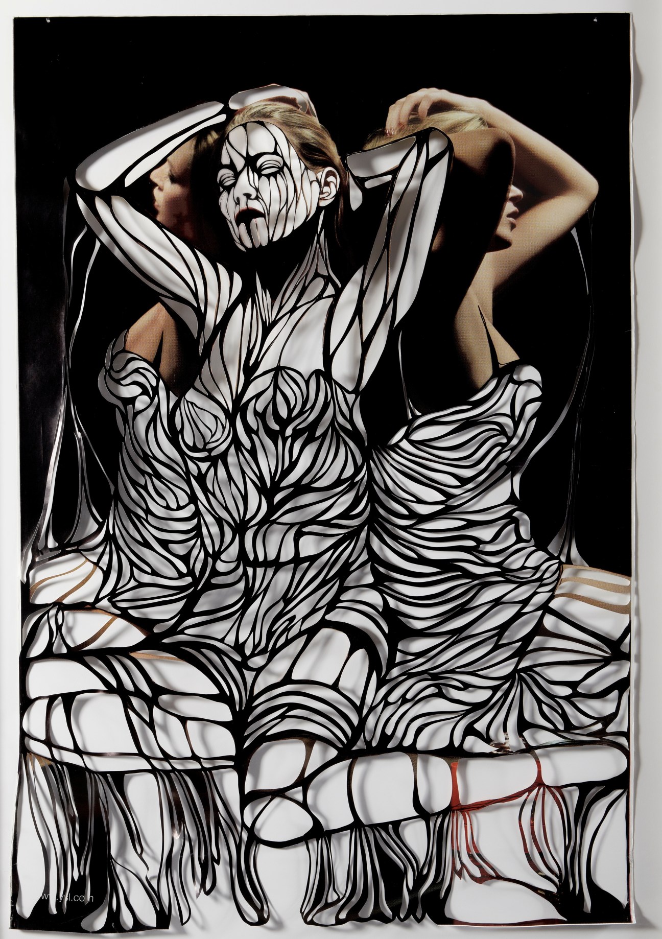 Amie Dicke's artwork 'Opium' featuring a figure with white and black linear patterns against a dark background.
