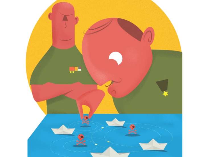 Illustration of a military officer holding a piggy bank above waters with paper boats and pirates.