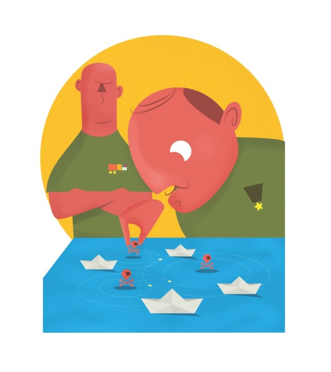 Illustration of a military officer holding a piggy bank above waters with paper boats and pirates.