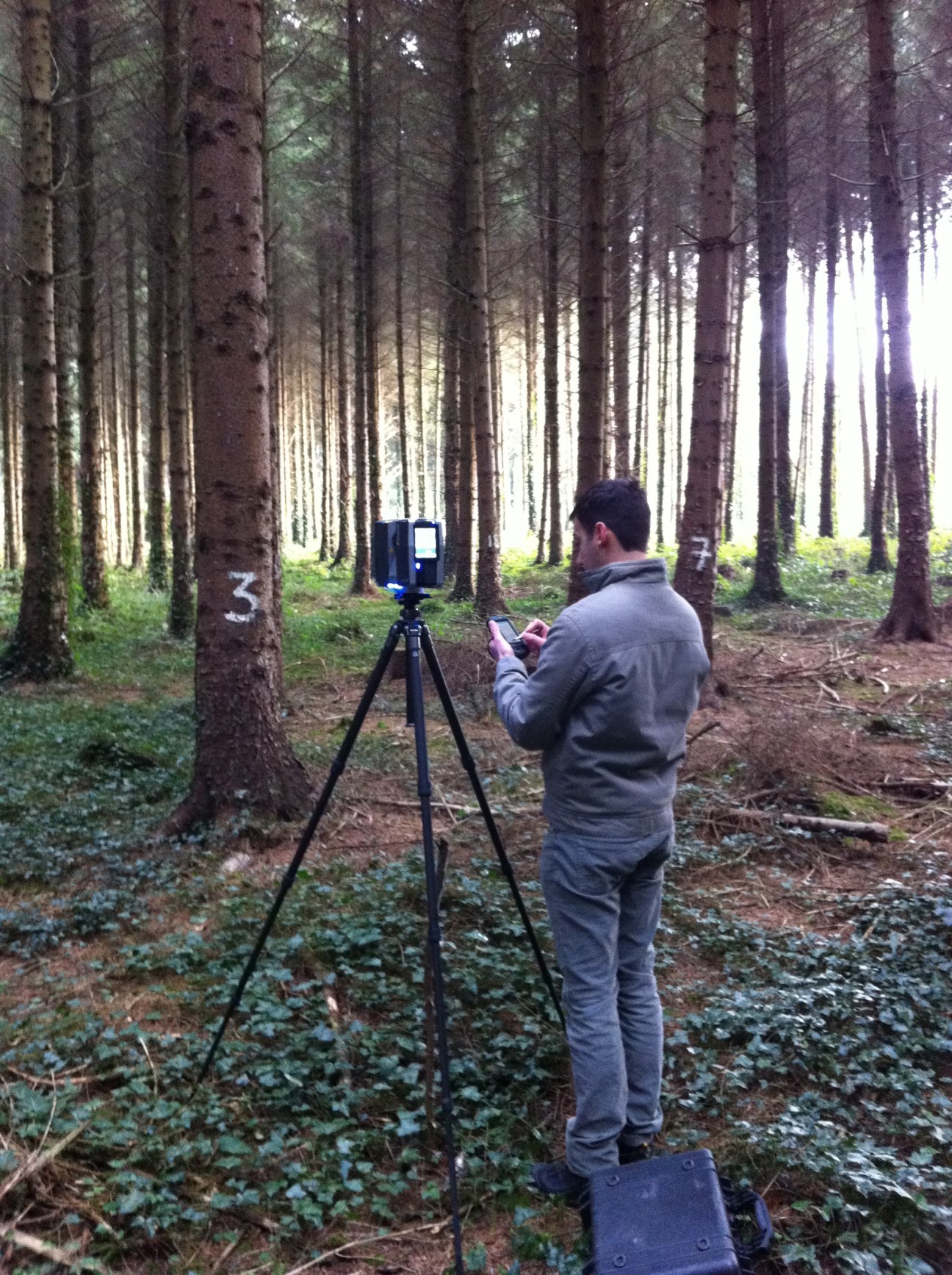 Person using Treemetrics laser measurement device on tripod in forest to measure trees.