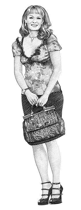 Line drawing illustration of Sandra Roelofs wearing a patterned dress and holding a handbag, standing confidently.