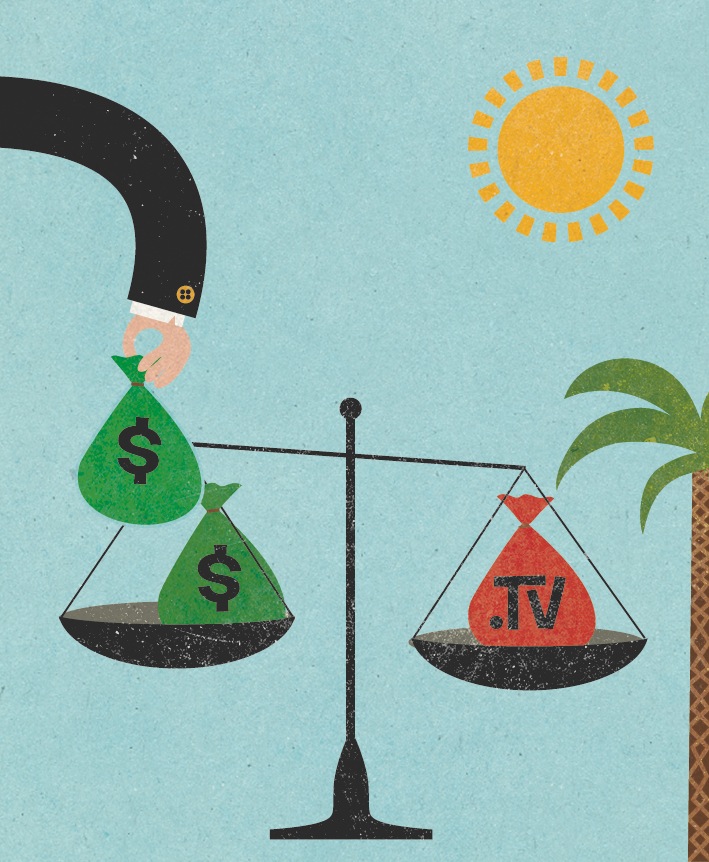 Illustration of a balance scale comparing dollar signs against a .tv domain symbol, representing Tuvalu's internet domain deal.