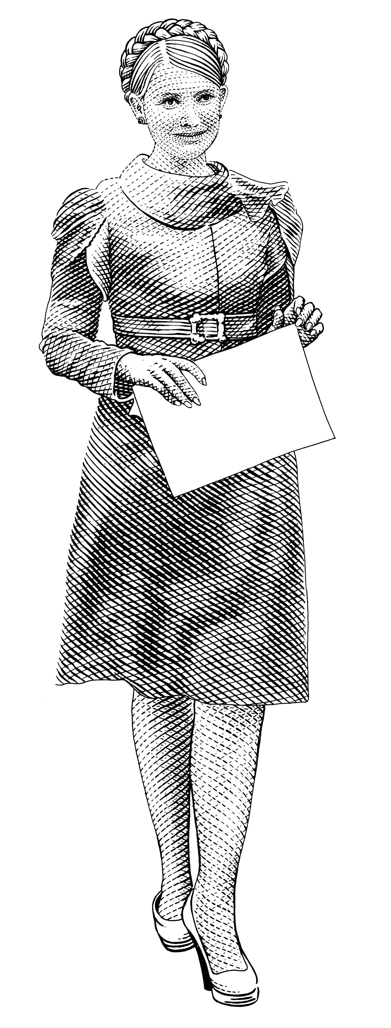 Line drawing illustration of Yulia Tymoshenko wearing a belted dress with puffed shoulders and holding a document.