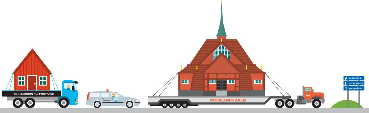 Illustration of a Swedish church being transported on a heavy-duty truck as part of Kiruna's town relocation project.