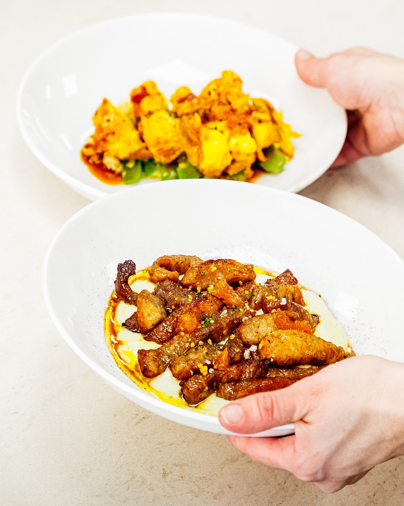 Two hands holding white plates with Spanish food dishes including roasted meat and vegetables.