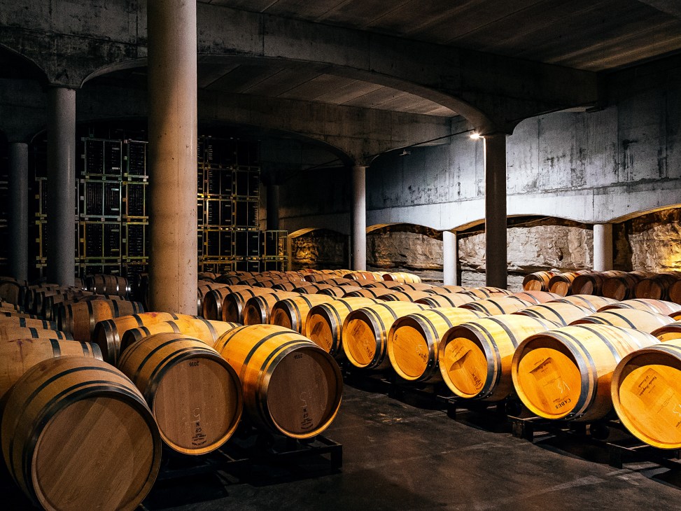 Wine barrels stored in the cellar of Castillo de Cuzcurrita winery under concrete vaults.