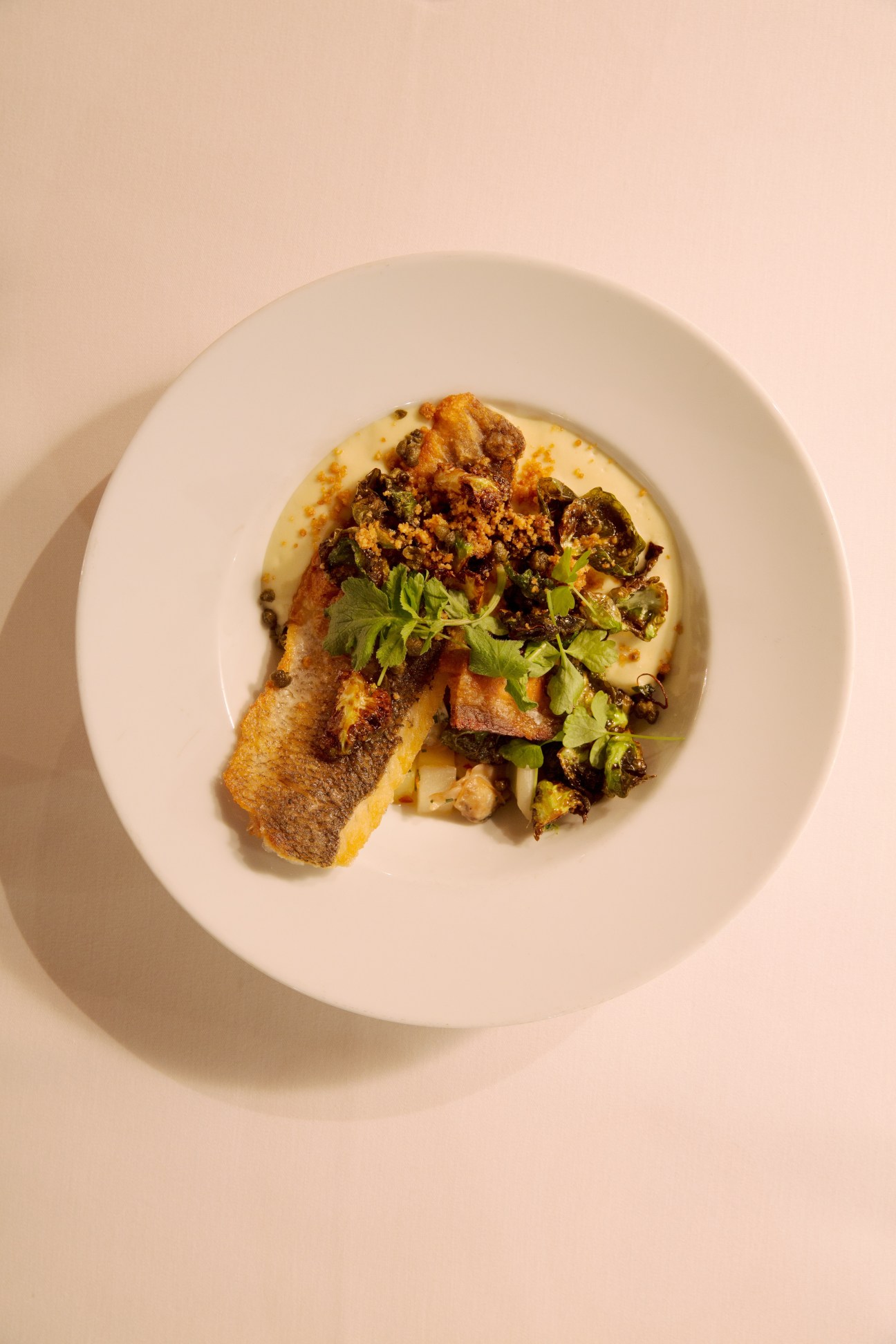Pan-seared sea bass fillet with mussels, potato, and fresh parsley on a white plate.