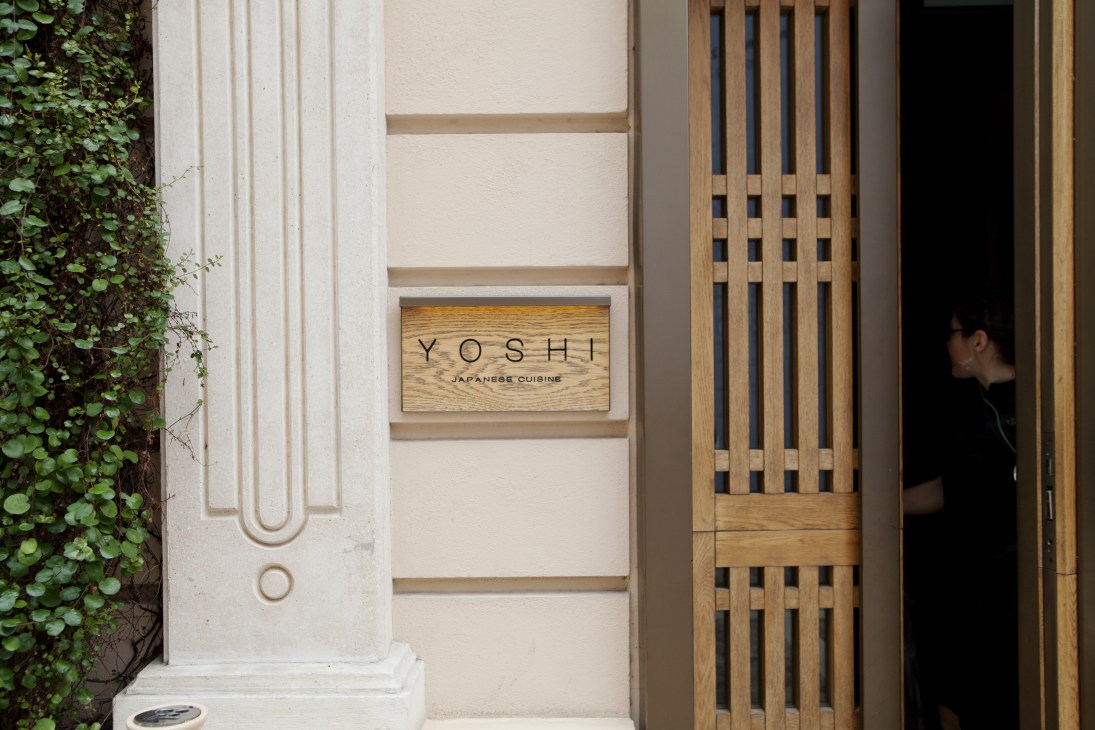 Entrance to Yoshi Japanese cuisine restaurant with wooden signage on cream-colored facade and ivy-covered wall.