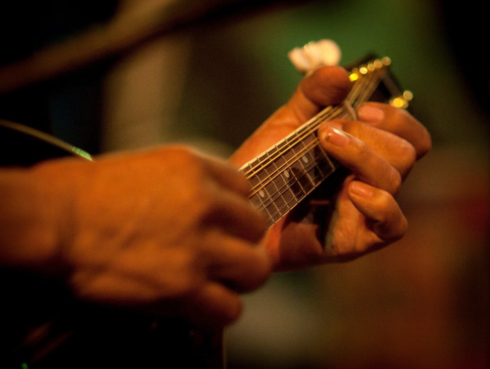 Close-up of hands playing a mandolin with warm stage lighting.