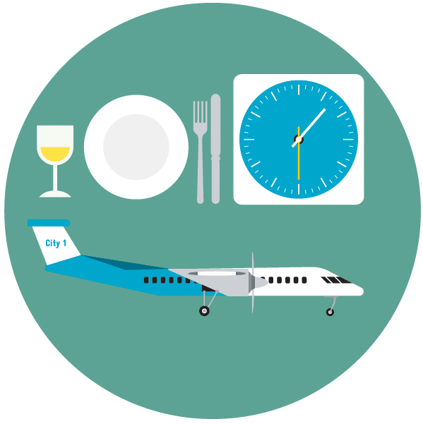 Illustration of airline service icons including wine glass, plate, cutlery, clock, and airplane against teal background.