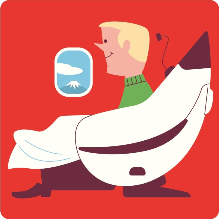 Illustration of a smiling person with blonde hair holding a phone displaying Mount Fuji against a red background.