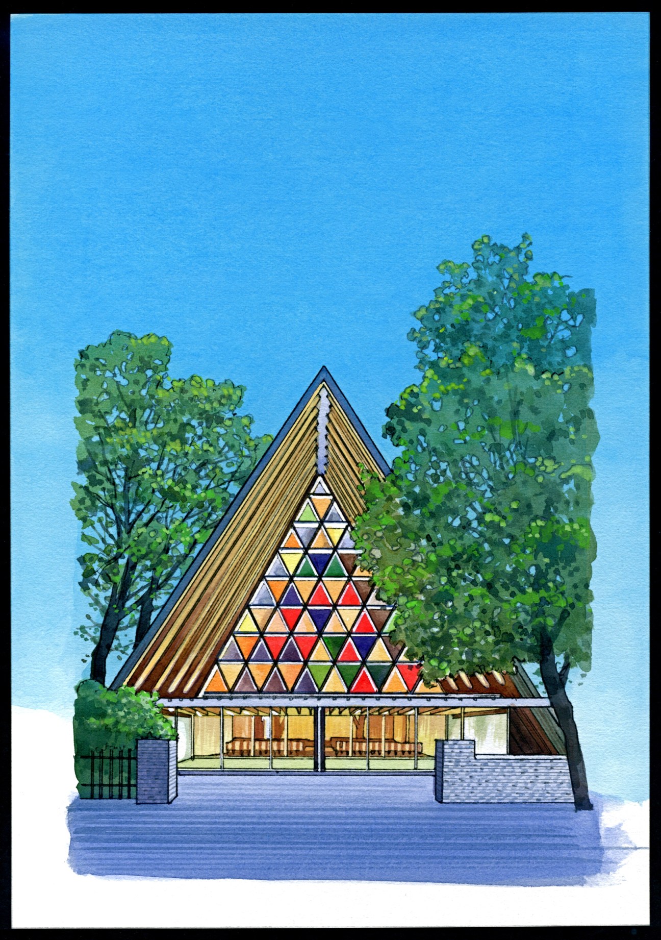 Architectural illustration of Cardboard Cathedral in Christchurch with triangular colored window pattern and cardboard tube roof.