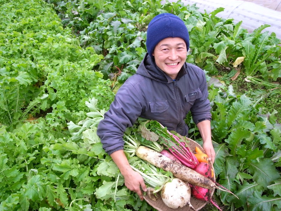 Person in blue beanie and dark jacket holding harvested vegetables in a lush garden plot.