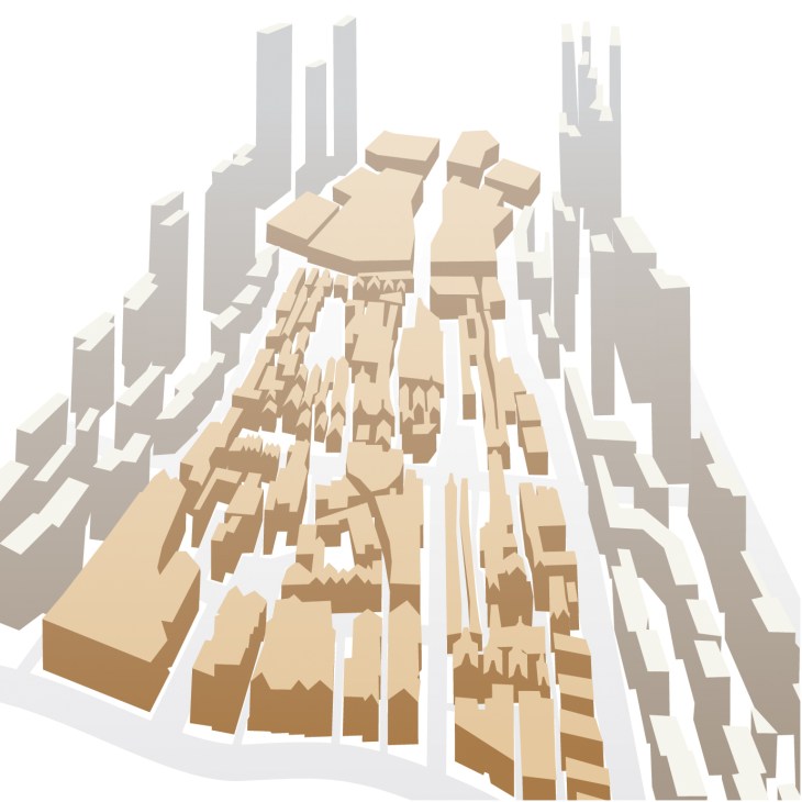Isometric architectural rendering of Foshan's revitalized city centre with beige buildings and grey surrounding structures.