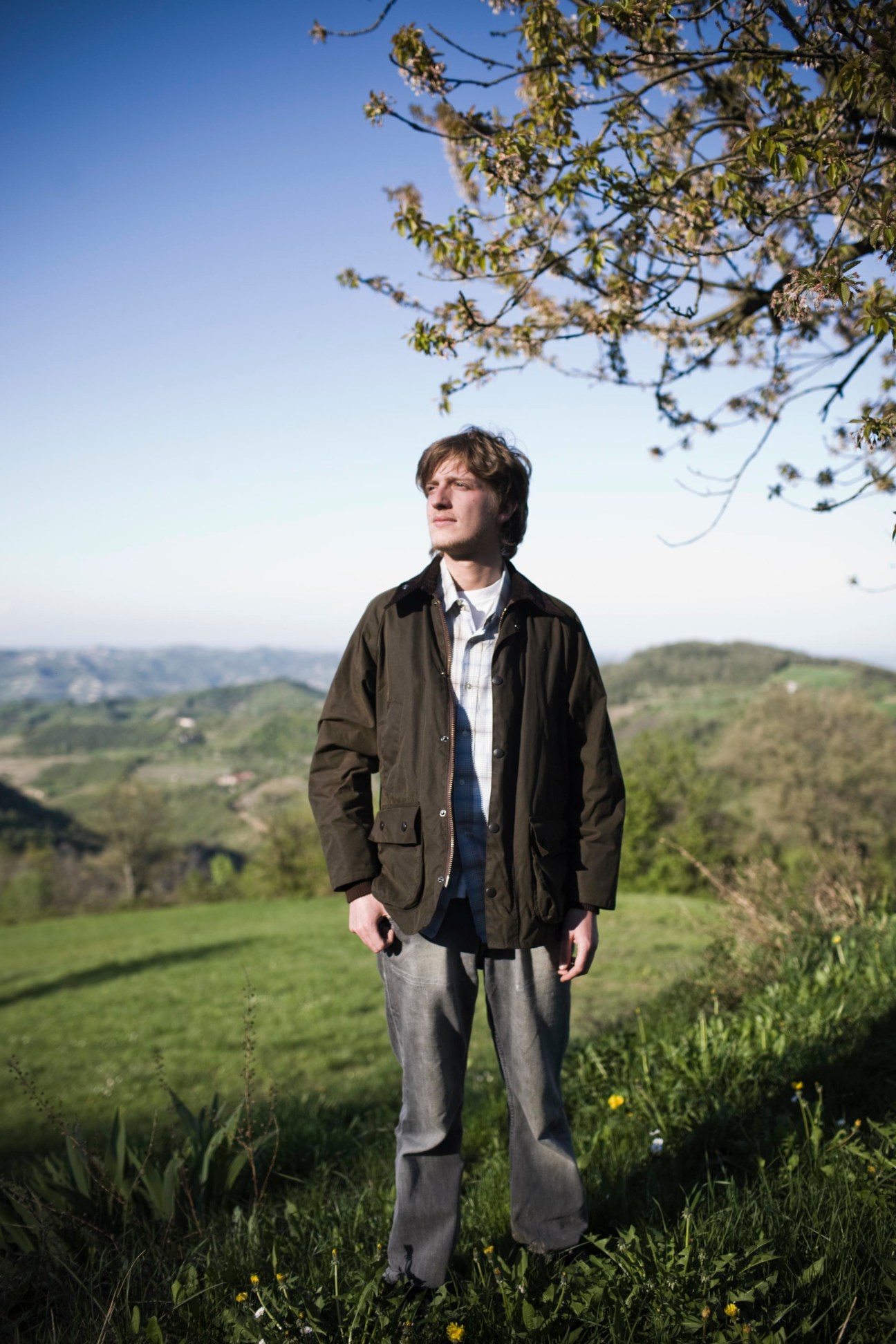 Man standing in a meadow with mountain landscape and flowering branches overhead.