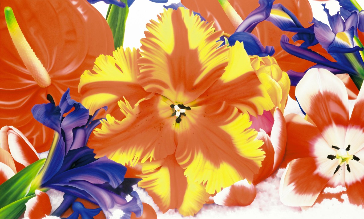 Colorful digital illustration of vibrant flowers in red, yellow, orange, blue and purple tones.