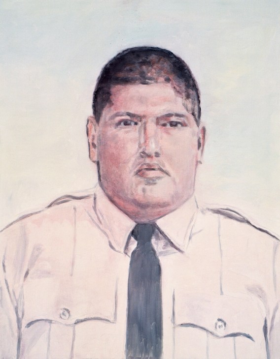 Portrait painting of a man wearing a white shirt and dark tie against a light background.