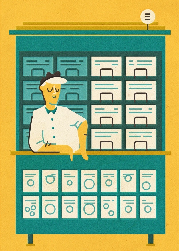 Illustration of a smiling vendor at a magazine kiosk with shelves of publications against a yellow background.
